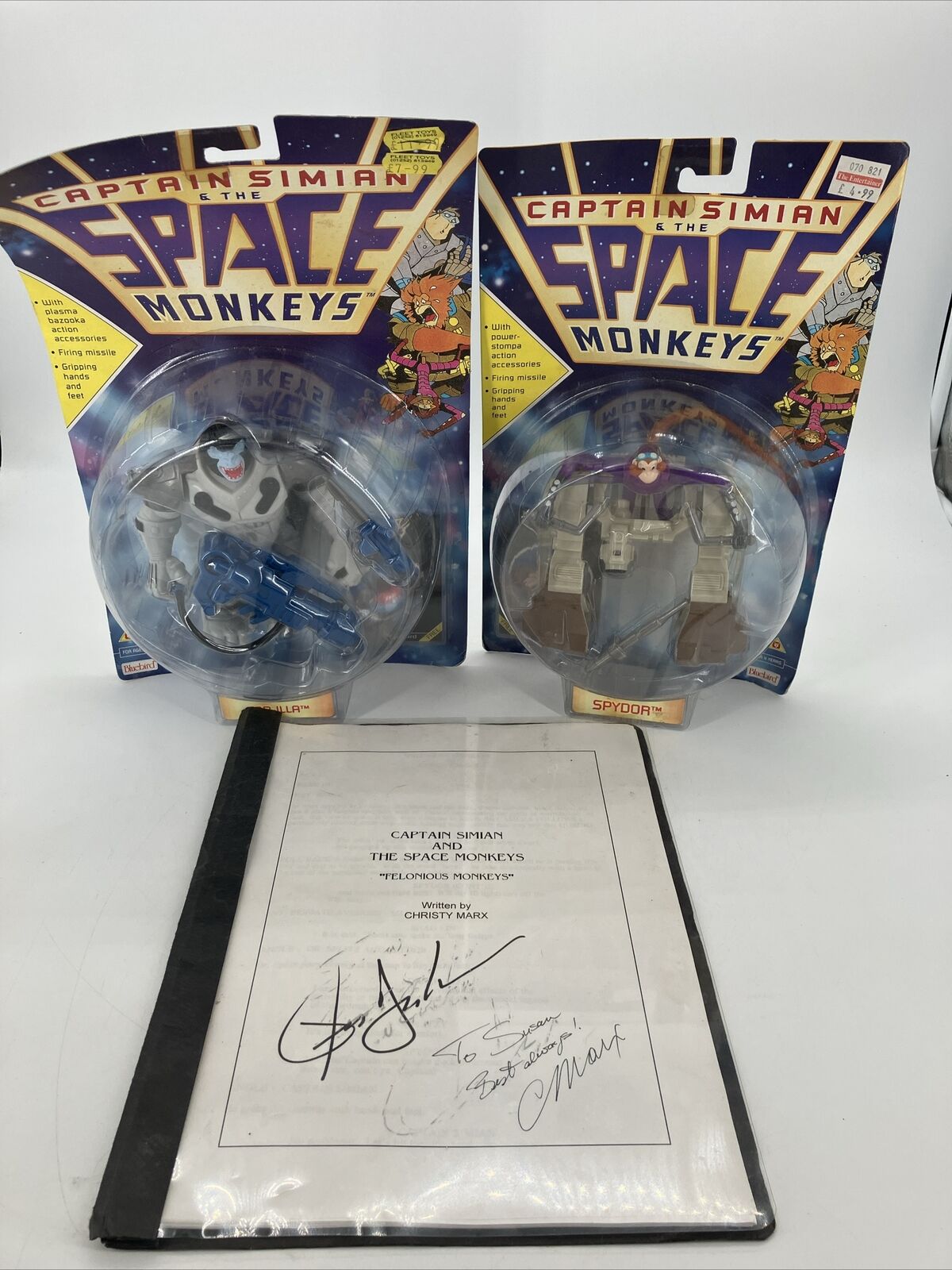 CAPTAIN SIMIAN AND THE SPACE MONKEYS Double Signed Script and 2 NIB Figures