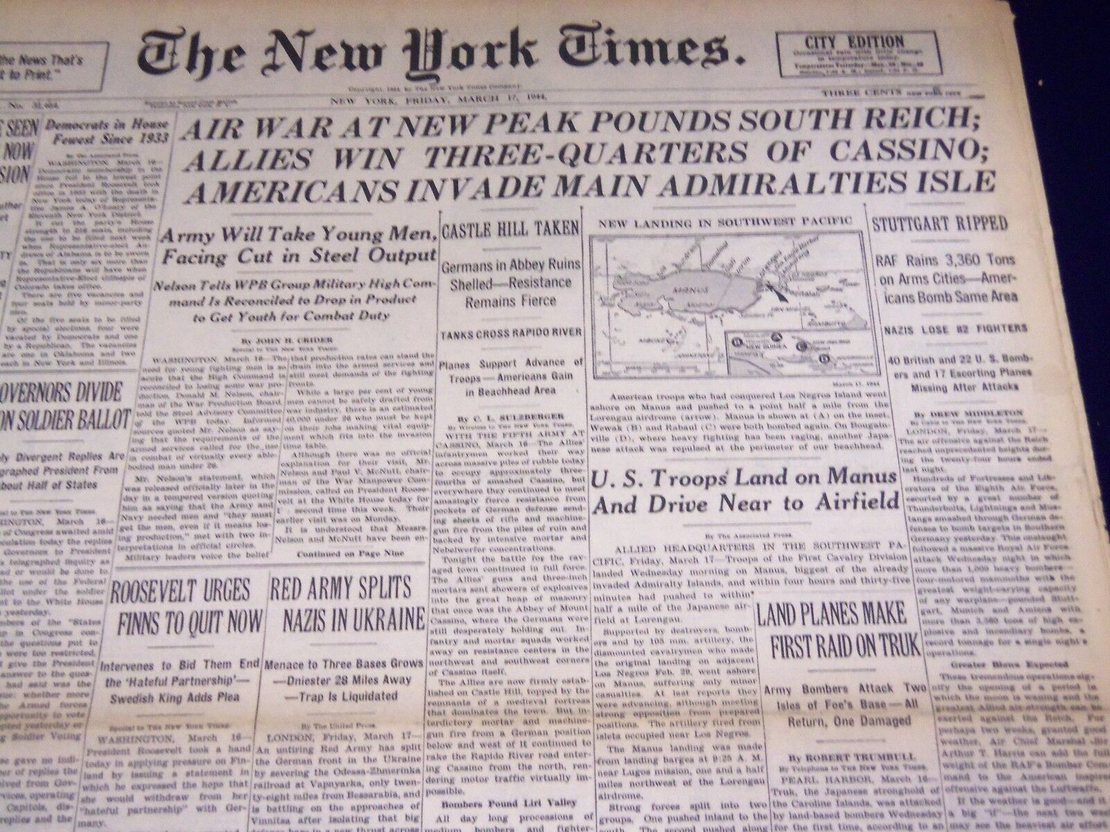 1944 MAR 17 NEW YORK TIMES - AIR WAR AT NEW PEAK POUNDS REICH - NT 1832