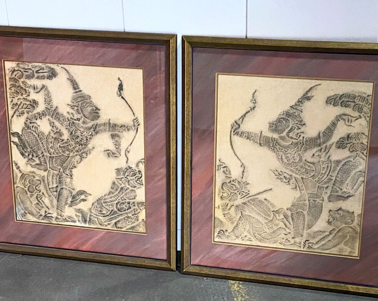 60s VTG PAIR Cambodian Angkor Wat Temple Rubbings FACING ARCHERS Framed 22 x 25