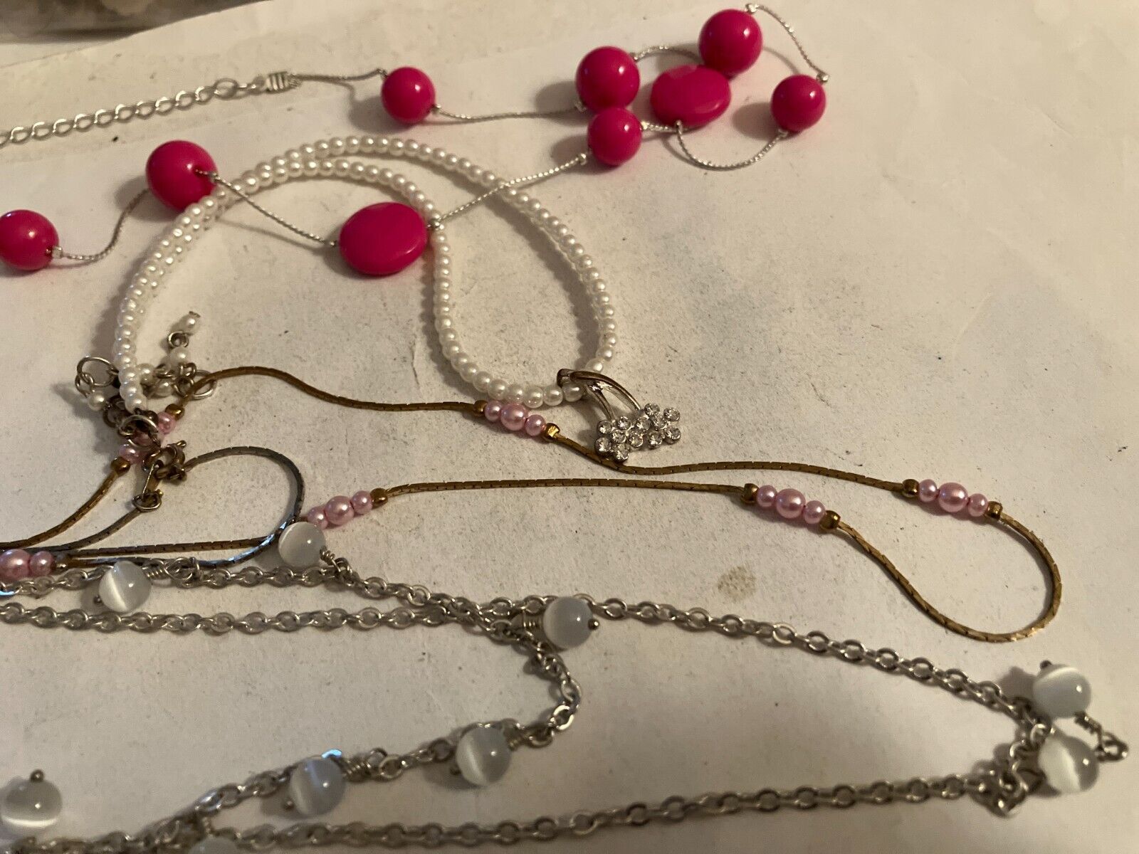 vintage estate lot of dainty chain necklaces pink, rhinestone flower