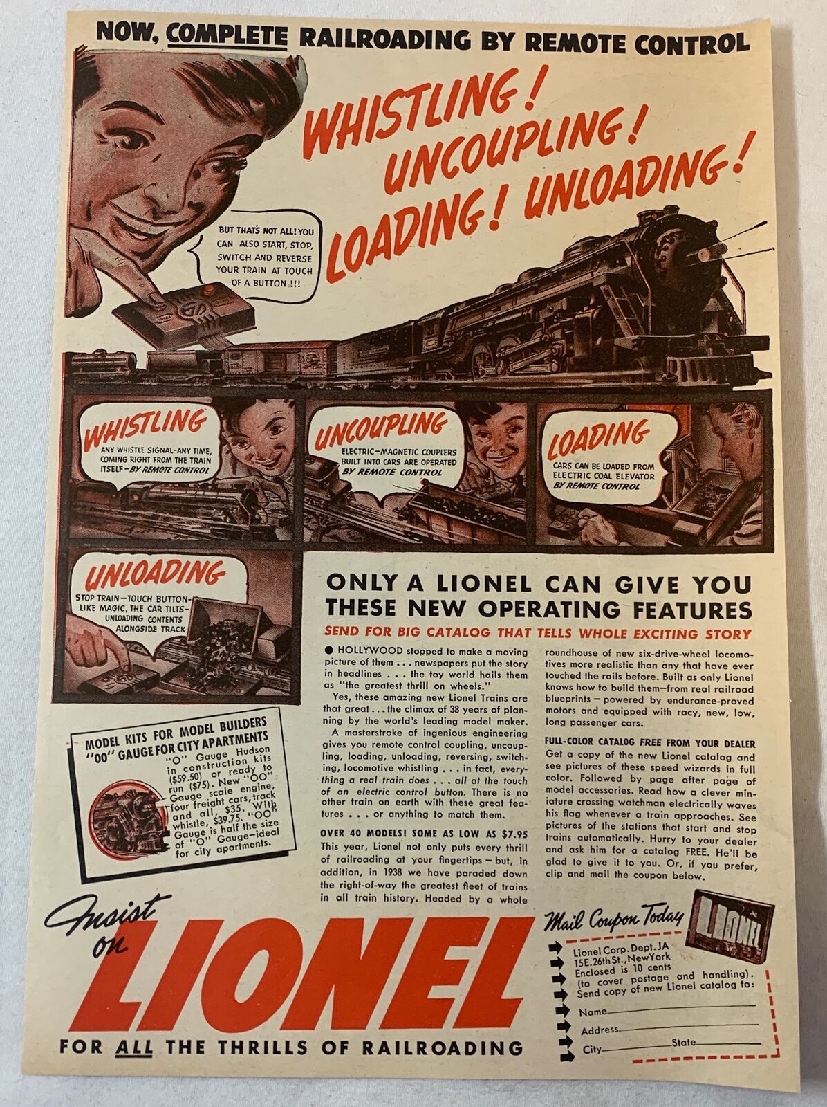 1938 LIONEL MODEL TRAINS ad ~ Whistling Uncoupling Loading Unloading