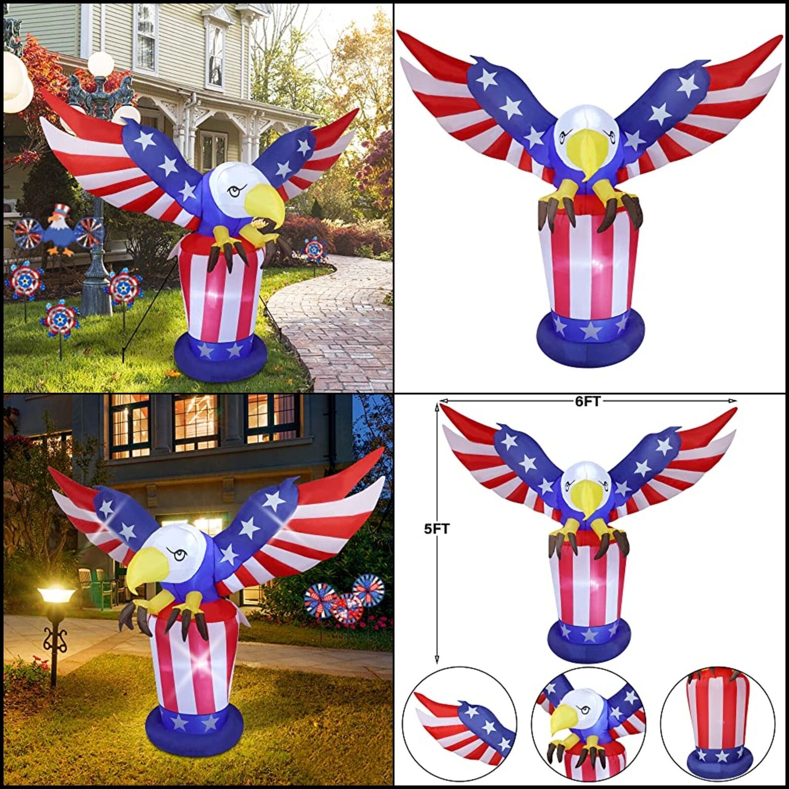 Patriotic 6FT Independence Day Inflatable Bald Eagle July 4th American Flag, LED
