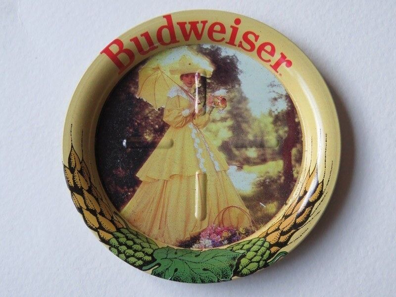 Metal Beer Coaster ~*~ ANHEUSER-BUSCH Brewing Co ~ St Louis ~ Yellow Dress Woman