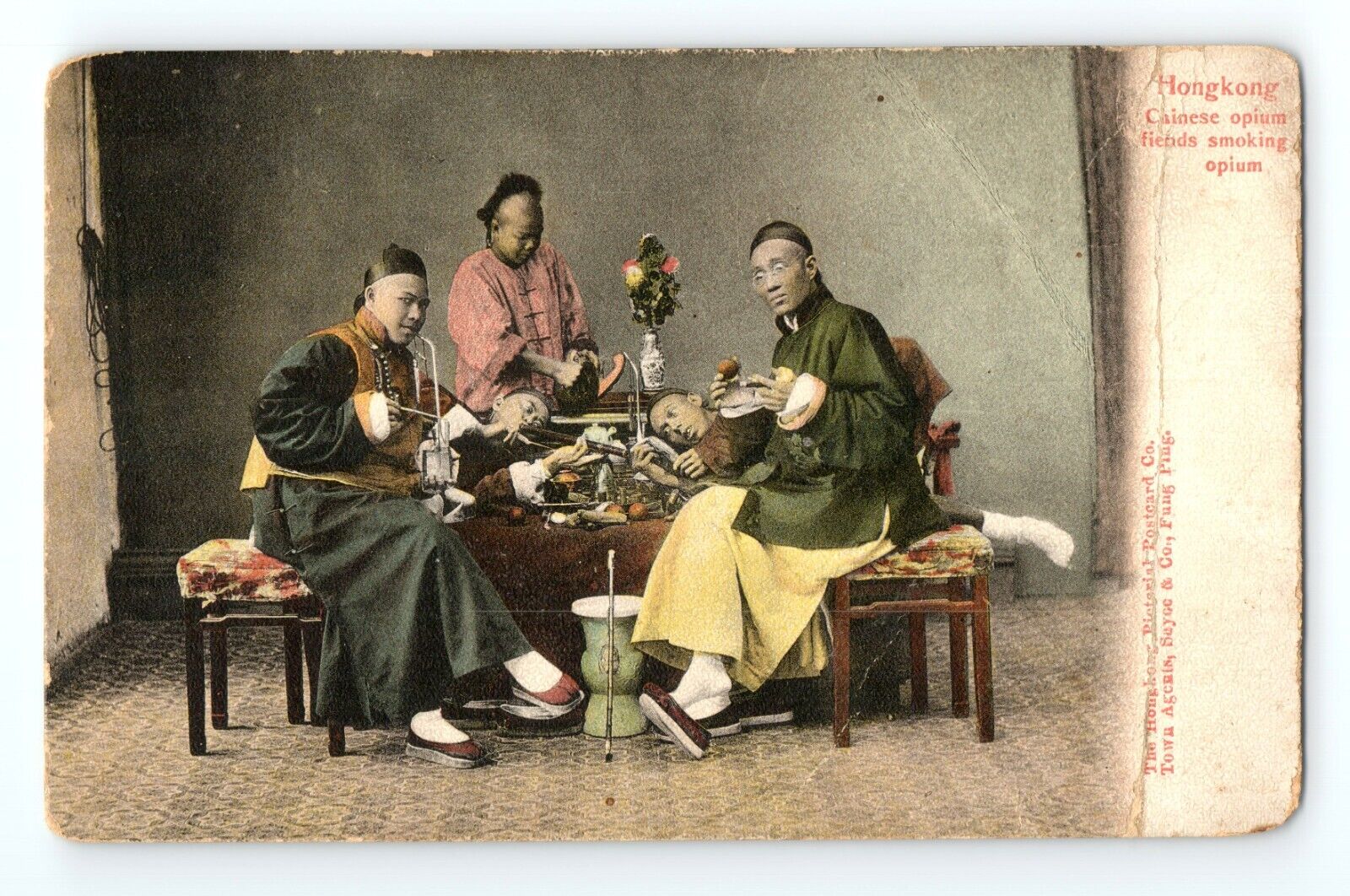 c.1910 Postcard Chinese People Smoking Opium Den Pipe Fiends Hong Kong Sayce Co.