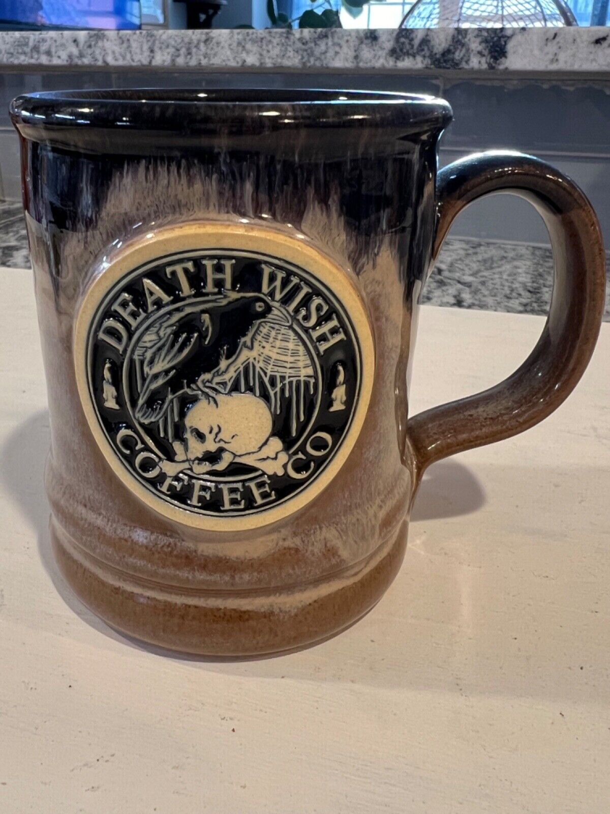Death Wish Coffee Mug Skull and Raven Nevermore 2018 Deneen Pottery 3914/5000
