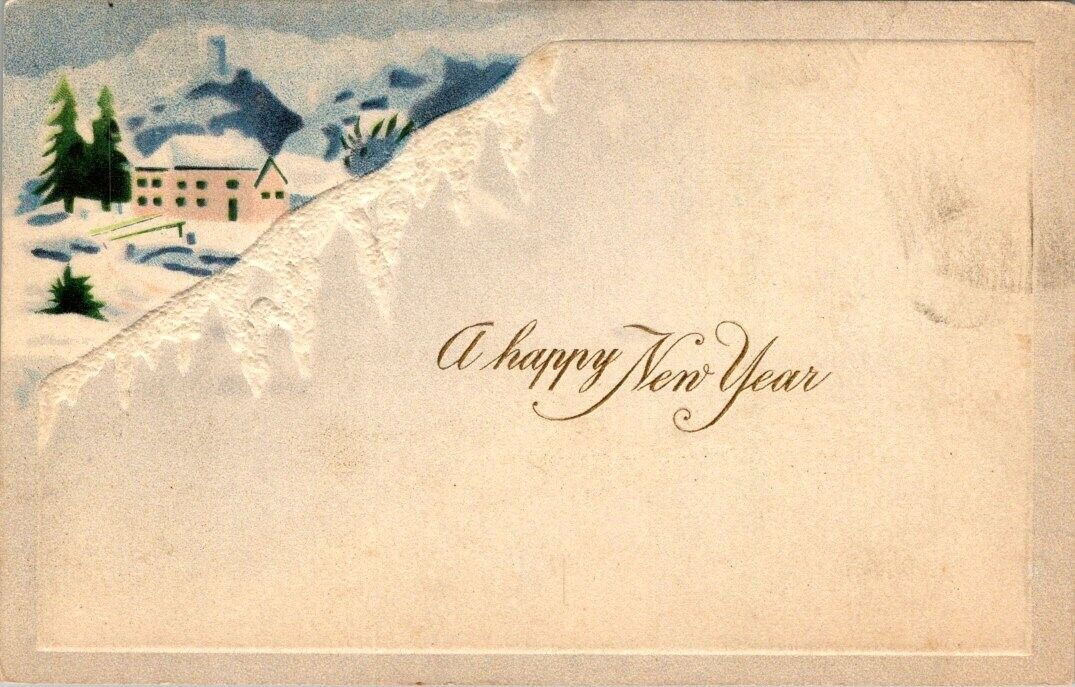 vintage postcard - A HAPPY NEW YEAR winter scene embossed posted 1915