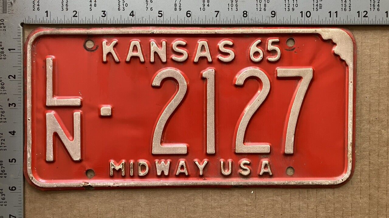 1965 Kansas license plate LN 2127 YOM DMV Linn Ford Chevy Dodge 10486