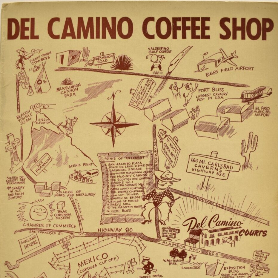 Vintage 1951 Del Camino Coffee Shop Restaurant Menu Highway 80 El Paso Texas