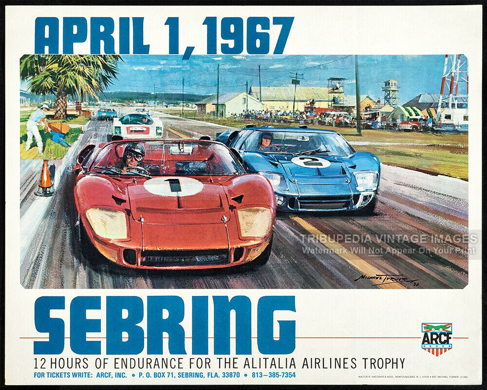 Vintage 1967 SEBRING Race Advertising Poster Art Print FORD GT40 Cars Artwork