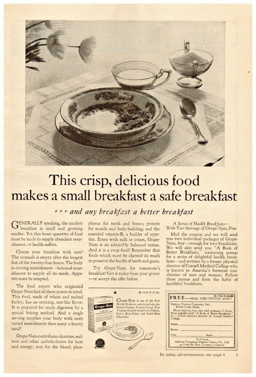 1926 Post Grape Nuts Cereal Vintage Print Ad The Crisp Delicious Food 