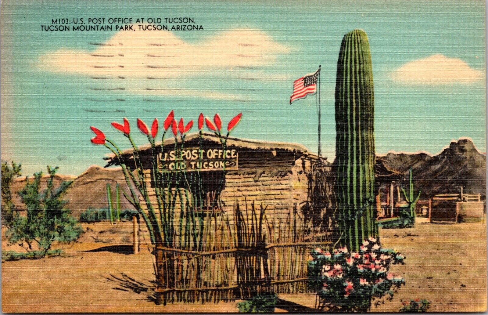 Linen Postcard United States Post Office Building Tucson Mountain Park, Arizona