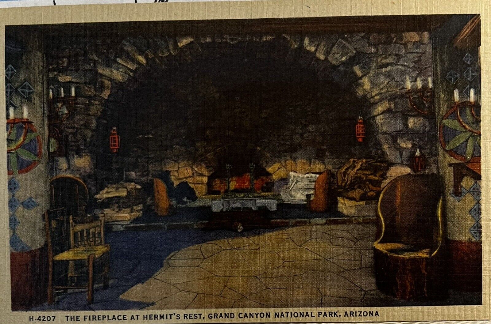 1947 unused extremely rare postcard, Fireplace at Hermit's Rest, Grand Canyon