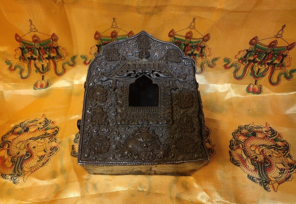 Tibet Large 1700s Old Buddhist Silver Copper Shrine Ghau Gau Box Eight Treasures