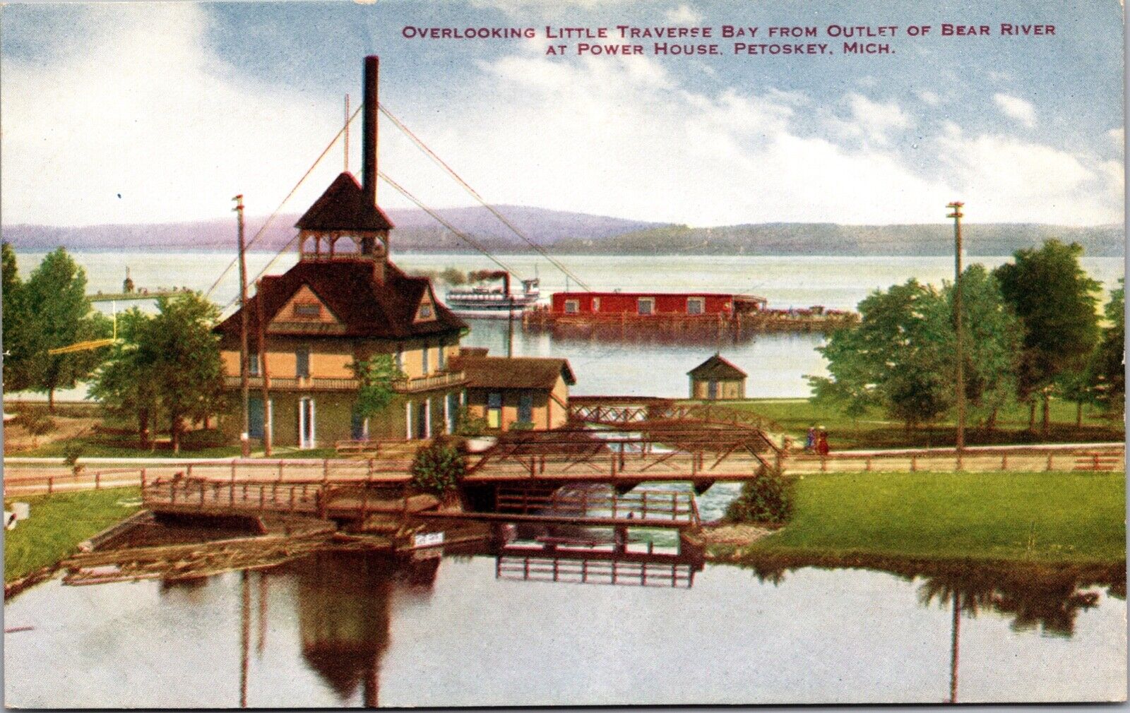 Postcard Little Traverse Bay from Outlet of Bear River Power Petoskey Michigan