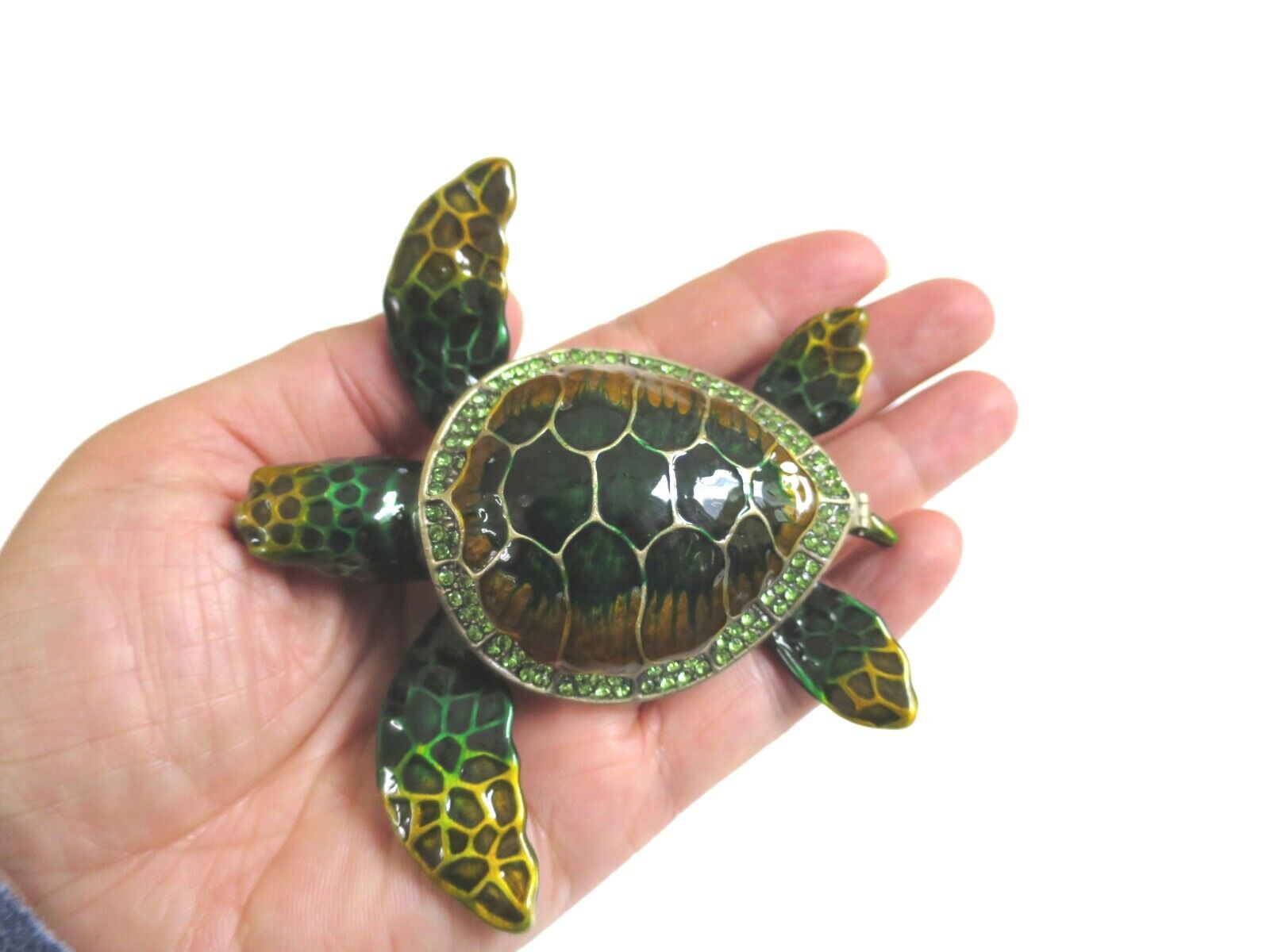 Bejeweled Dark Green Sea Turtle Hinged Metal Enameled Rhinestone Trinket Box