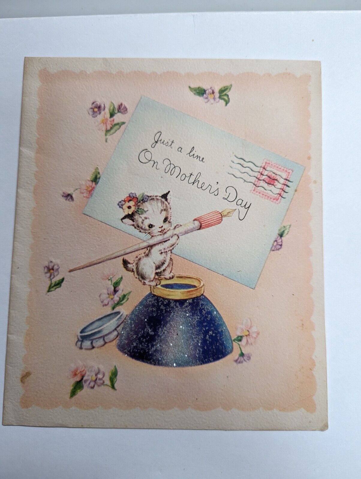 VTG 1945 Anthropomorphic Kitten with Ink Well  Mother's Day Greeting Card