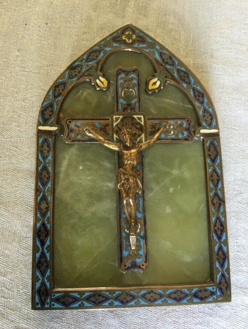 Antique Cross Limoges Jesus Crucify Cloisonne Bronze And Onyx Gilded Rare 19th
