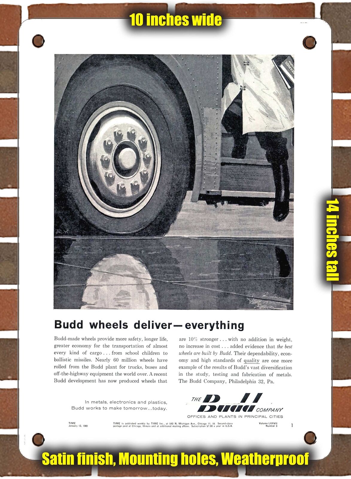 METAL SIGN - 1961 Budd Wheels Deliver Everything - 10x14 Inches