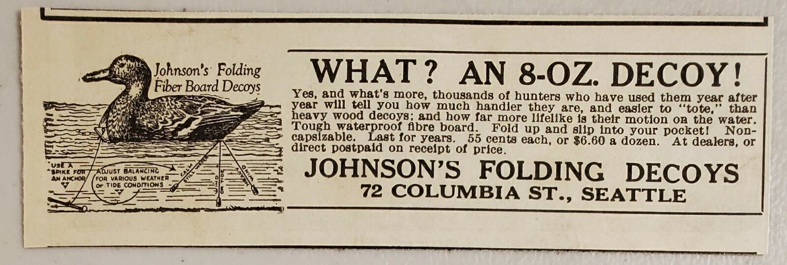 1922 Print Ad Johnson\'s Folding Duck Decoys Fiber Board Seattle,Washington