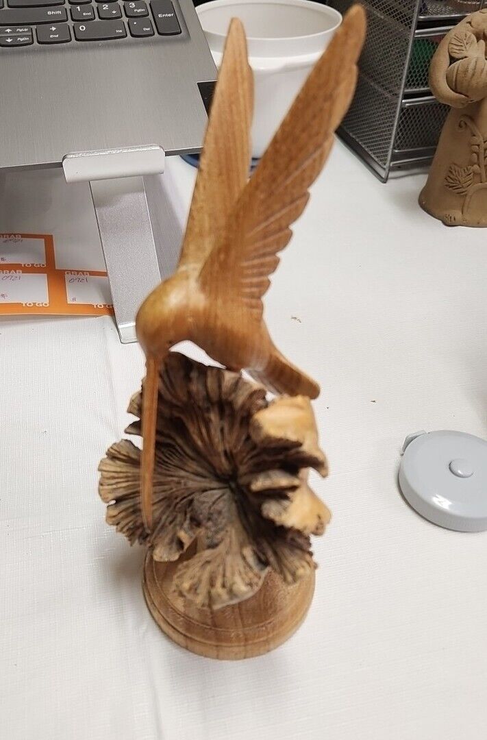 Wooden Hummingbird Feeding on a Flower, Handmade Sculpture.  A2