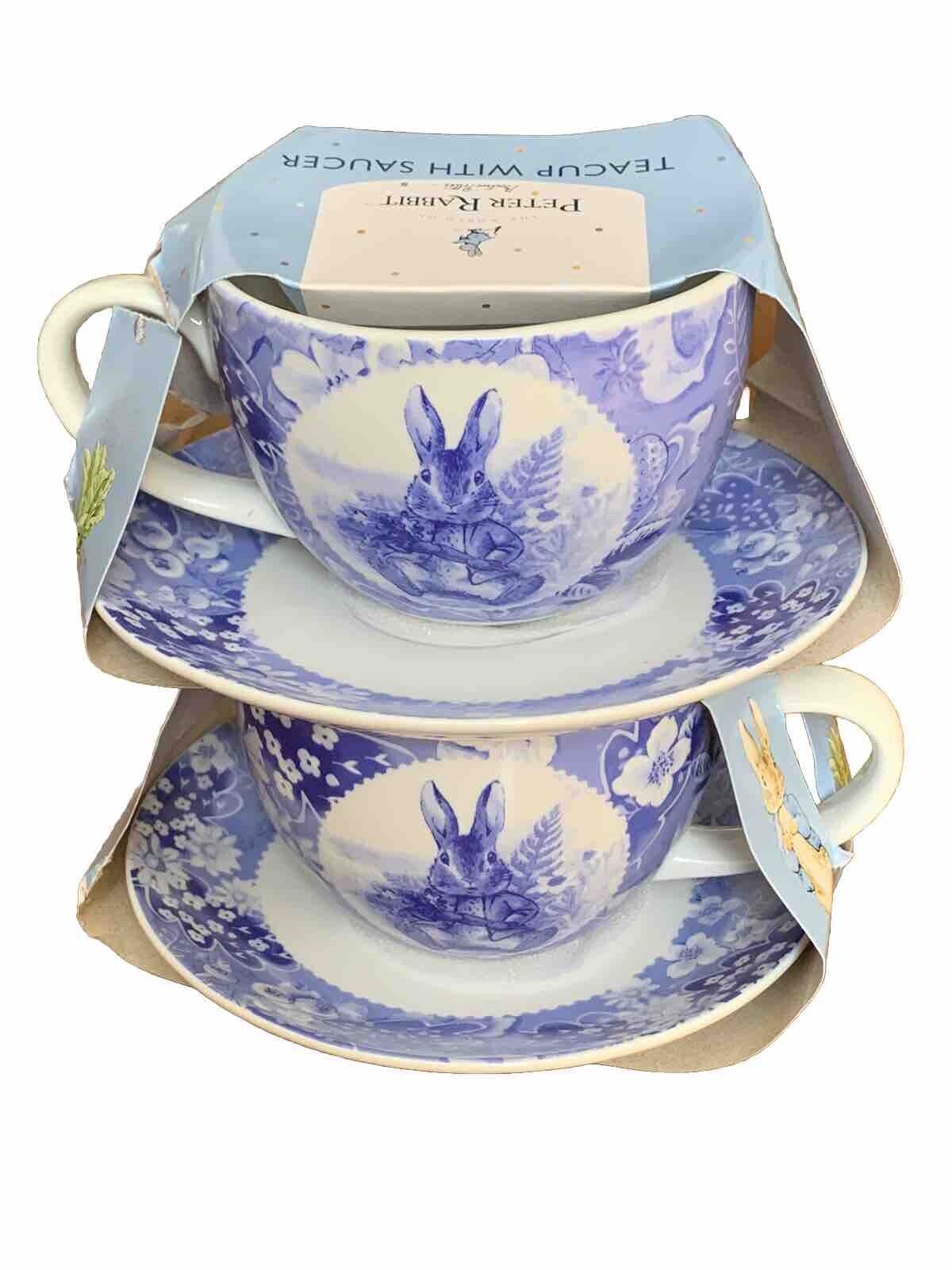 Beatrix Potter Peter Rabbit TEACUP AND SAUCER Blue Toile SET OF 2 Ceramic Easter