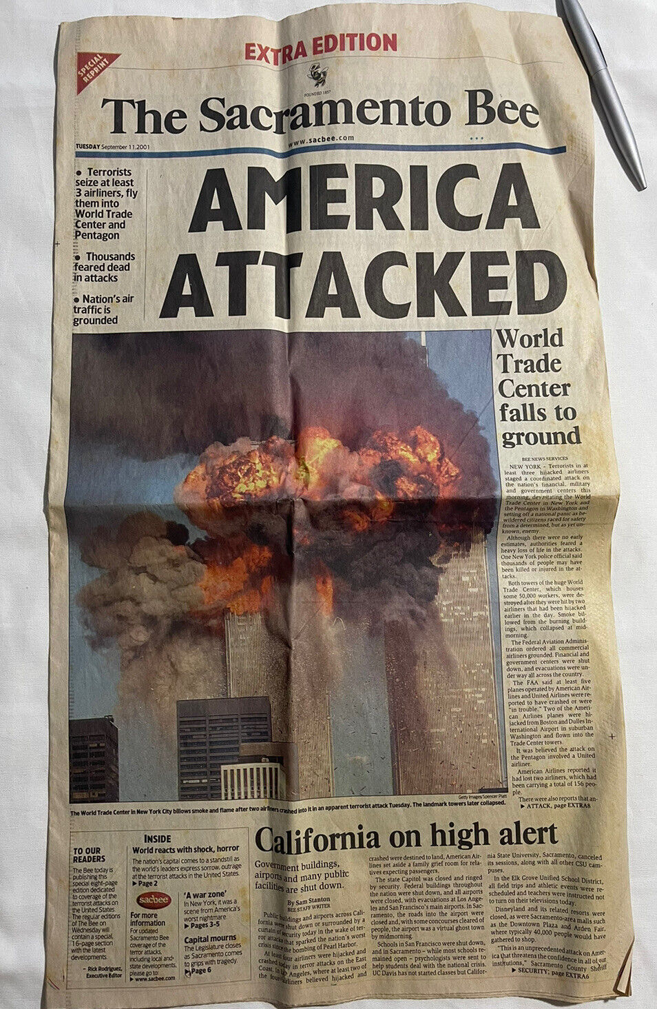 VTG The Sacramento Bee September 11 2001 America Attacked Extra Edition 9/11