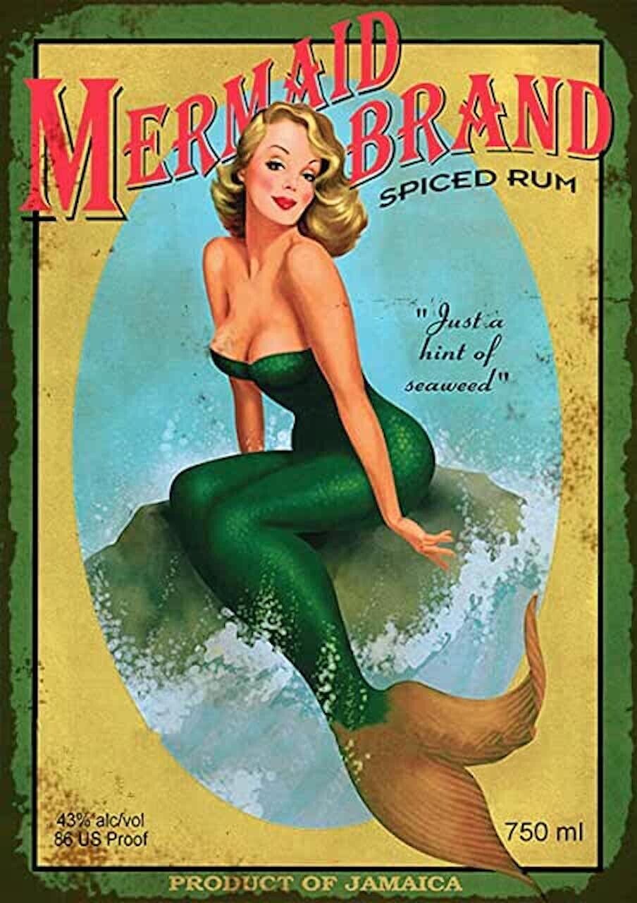 MERMAID SPICED RUM TIN SIGN WASH YOUR TAIL DRINK LIKE A FISH SPLASH IN THE OCEAN