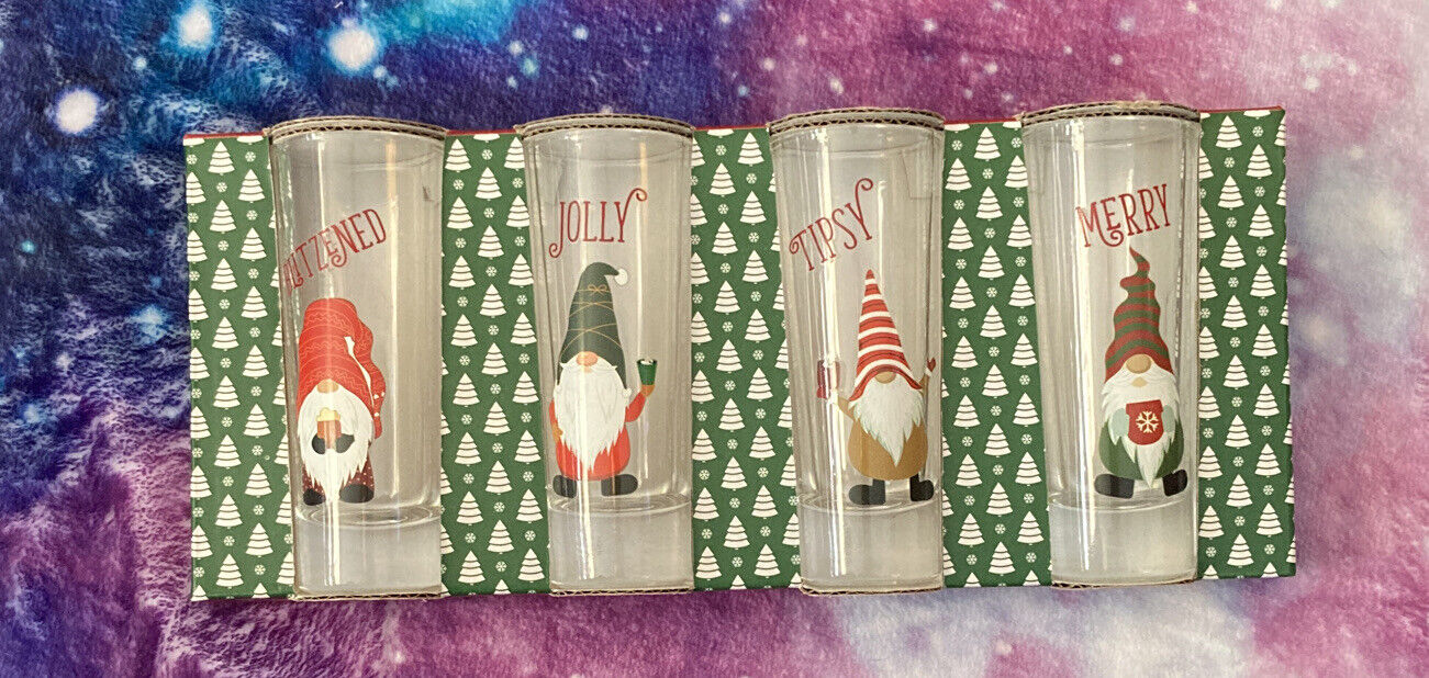 Set of 4 Gnome Holiday Tall Shooters Christmas Blitzened, Jolly, Tipsy & Merry