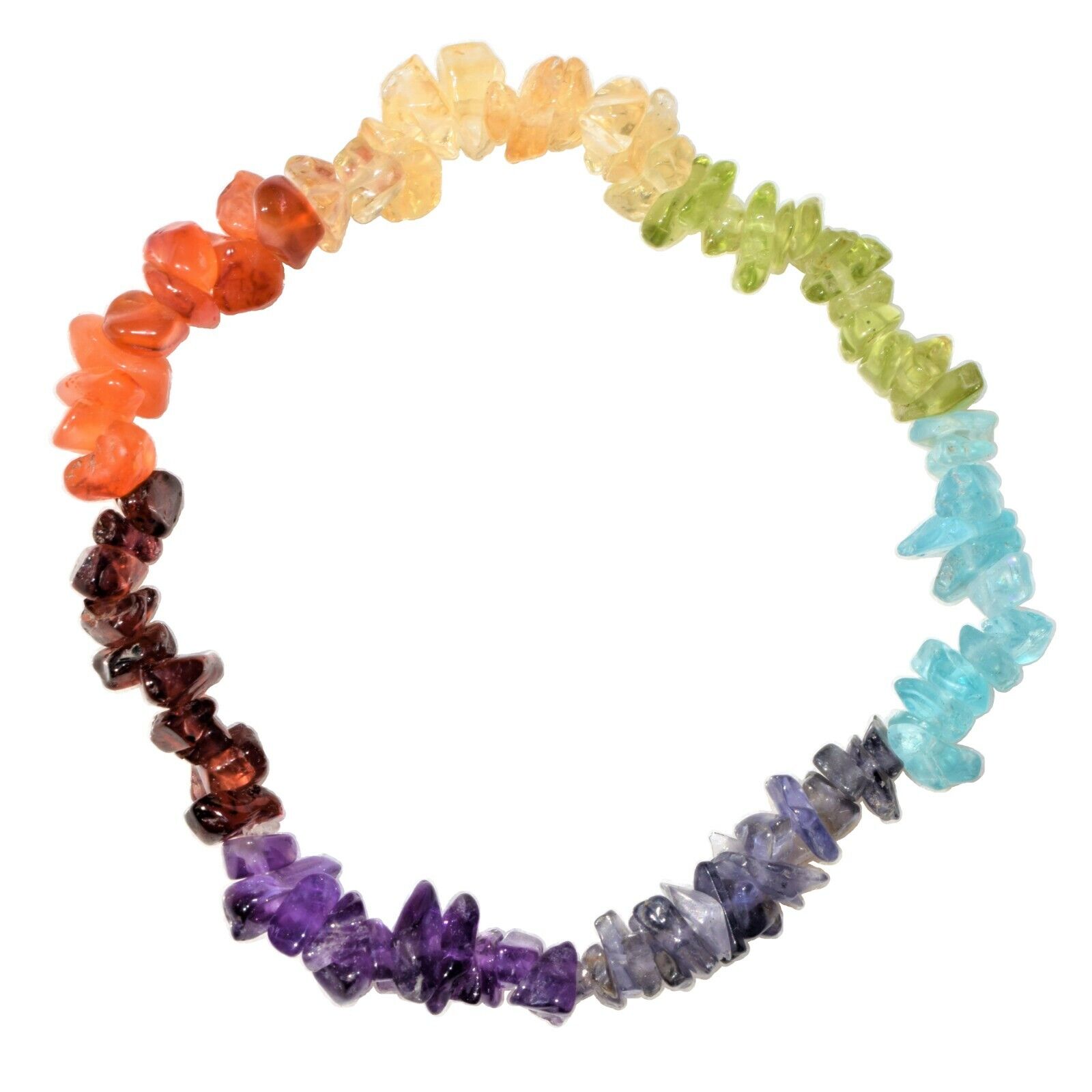 [1] CHARGED 7 Chakra Crystal Chip Stretchy Bracelet + Baby Selenite Puffy Heart