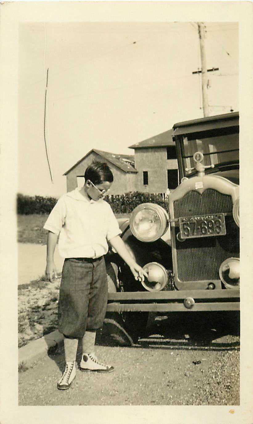 Snapshot B/W Photo Boy Standing in Front of Old Car 2-3/4x4-1/2