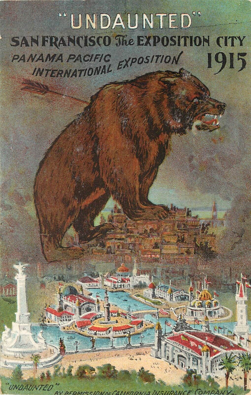 PPIE 1915 Postcard Undaunted Grizzly Bear Stands Atop San Francisco