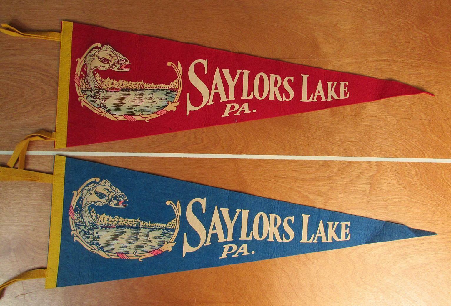 Vintage 50s Saylors Lake,PA.Pair Souvenir Pennants Wool/Felt Fishing 27\