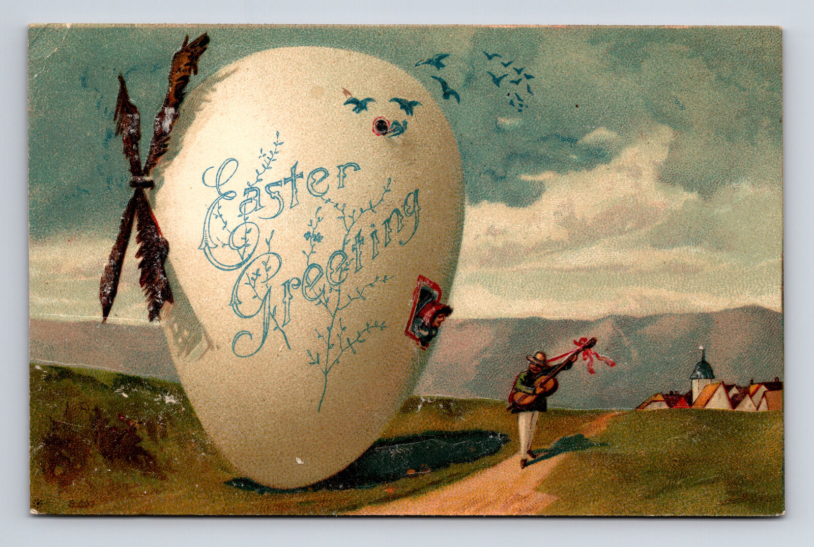 Fantasy Easter Greetings Giant Windmill Egg Guitrar Serenade Woman IPCC Postcard