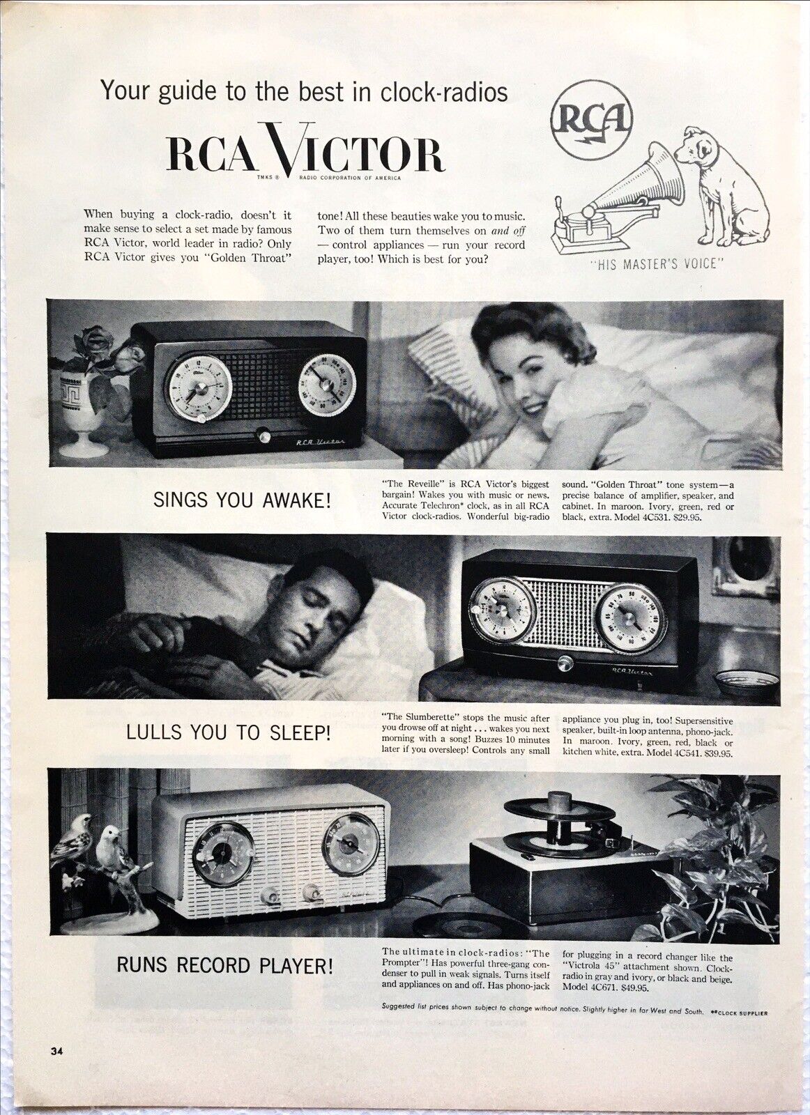 Vintage Print Ad RCA Victor Clock Radios Original 1956