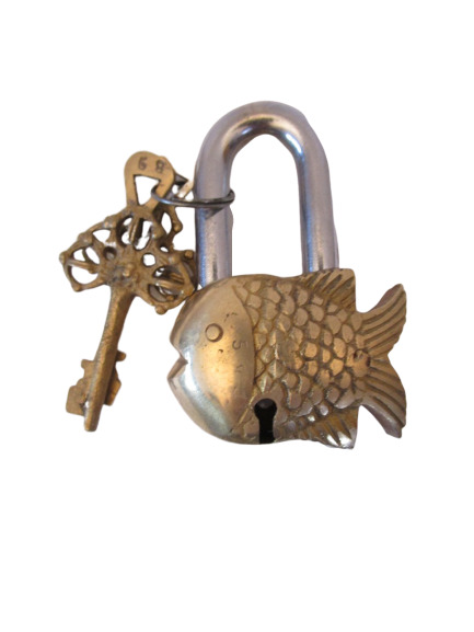 VINTAGE Style FISH Type Padlock - Lock with Key - Brass Made - LITTLE (5309)