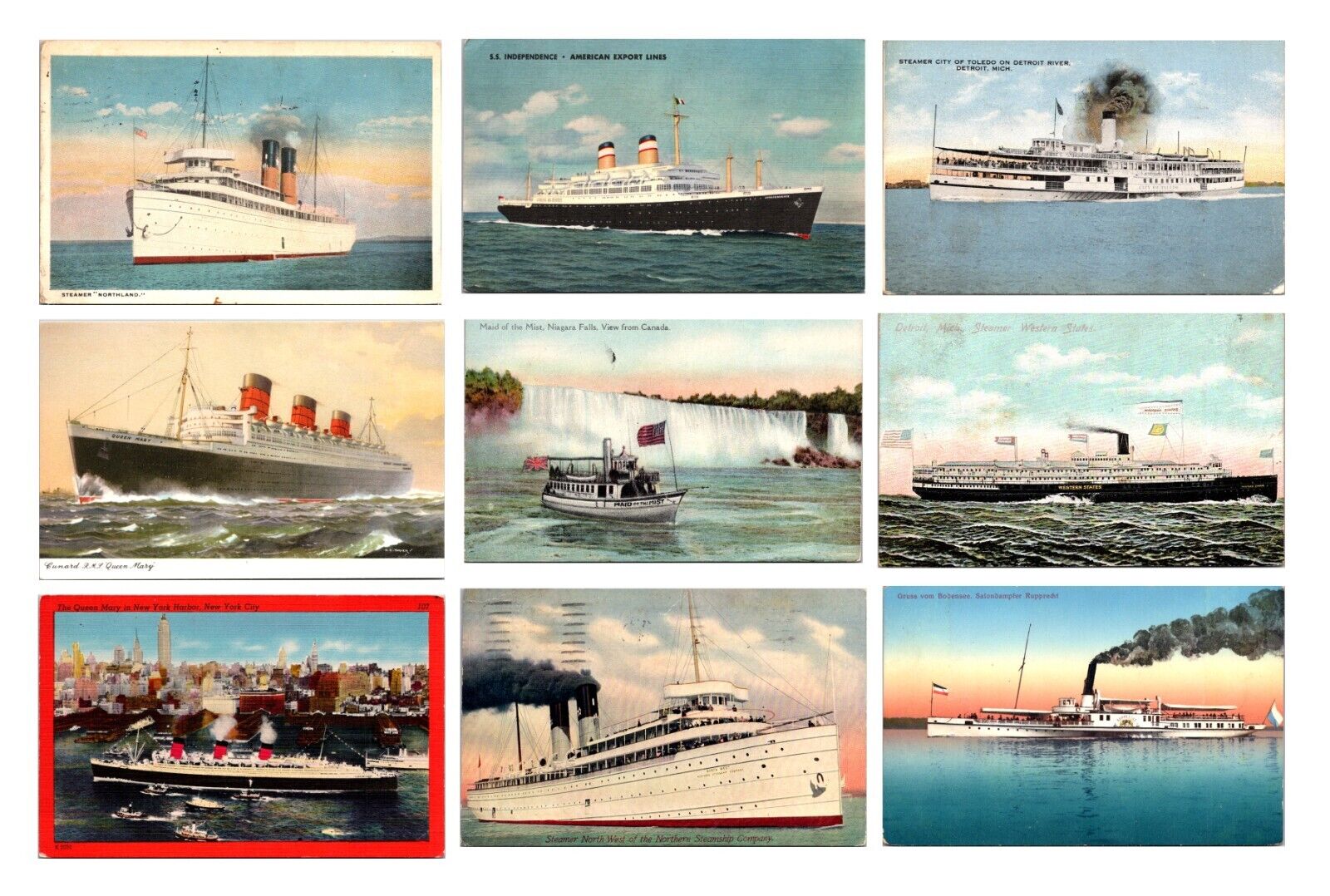 Lot of 9 Early 1900s VTG Boat, Ship Postcards - Queen Mary, Steamers, & More