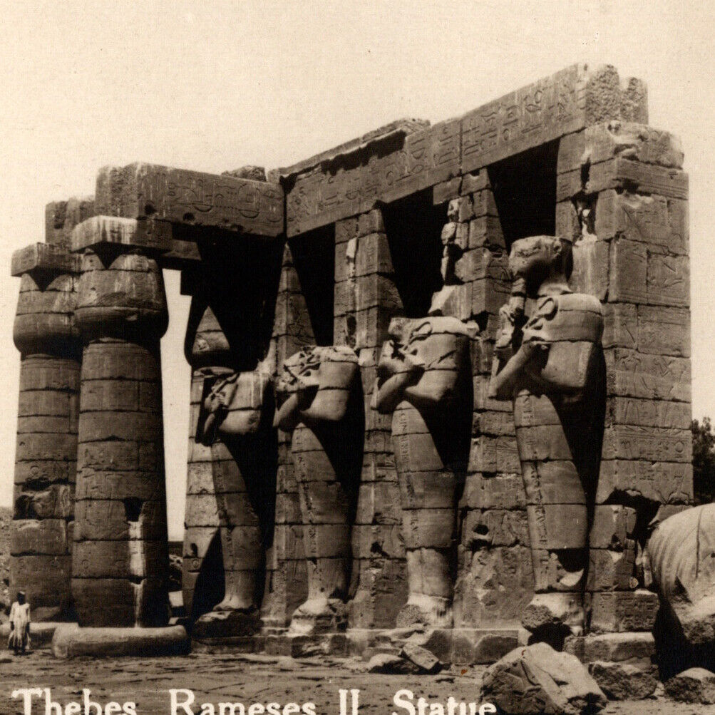 Vintage 1910s RPPC Thebes Rameses II Statue Ramesseum Al Qarna Postcard Luxor