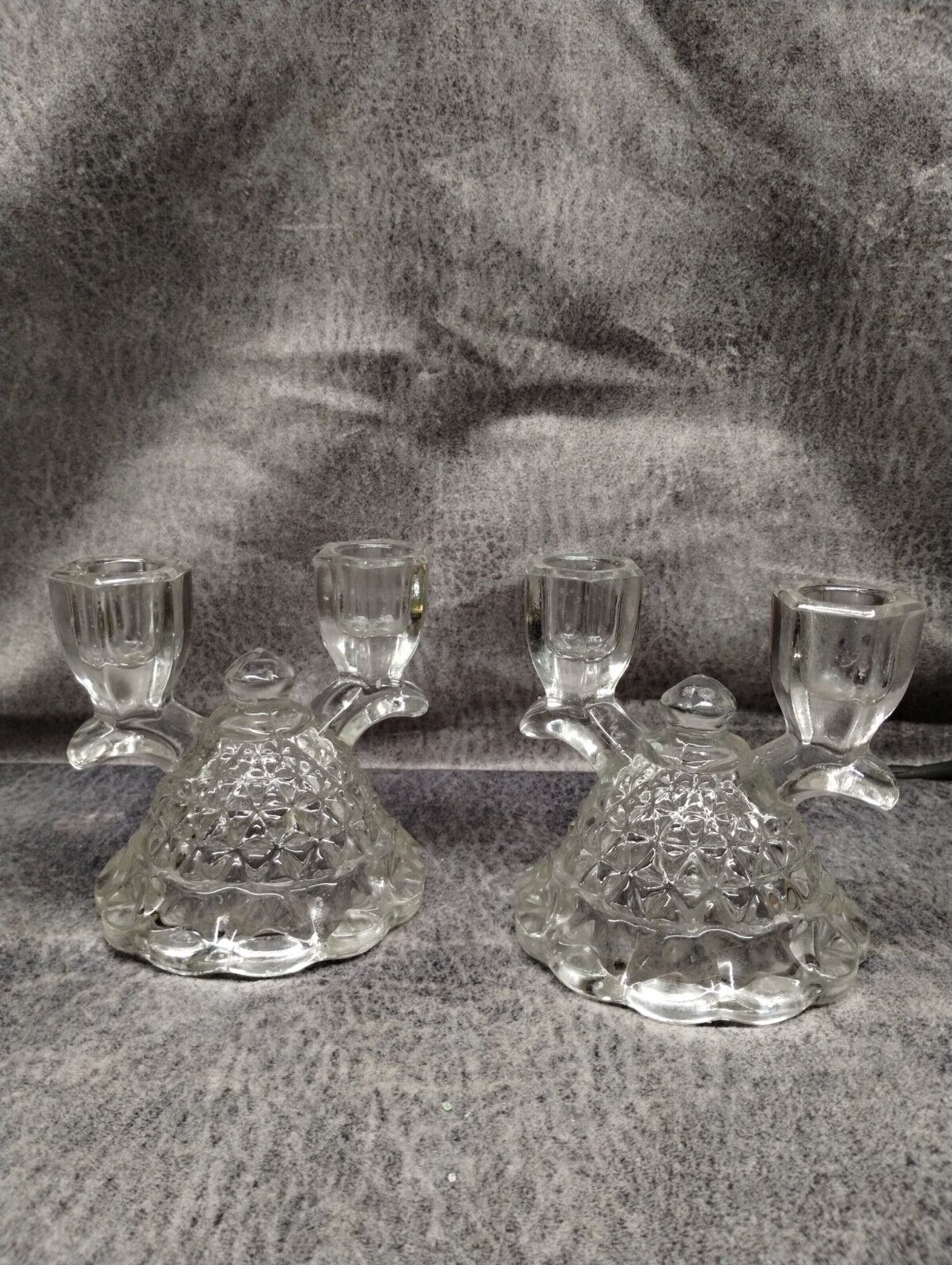 Pair (2) Vintage Clear Depression Pressed Glass Double Candlestick Holders