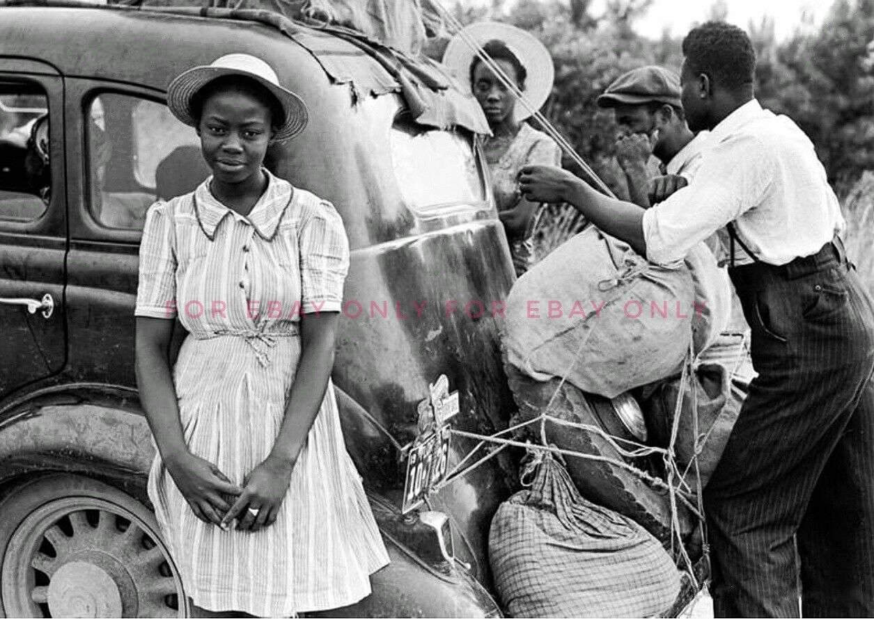 Vintage Old Photo Reprint 1940s African American Migration Black Woman Man Car