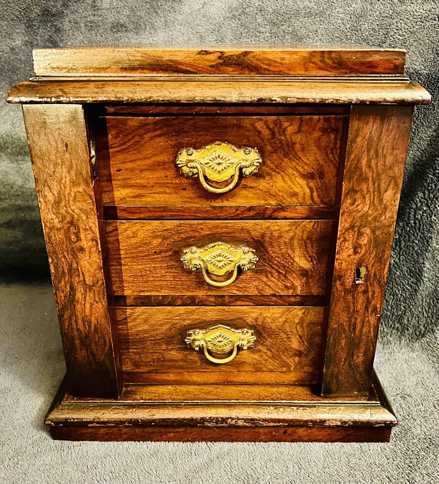 1850s  Victorian Cigar Burr Walnut Wood Cabinet Box Brass Escutcheons 12.75”H