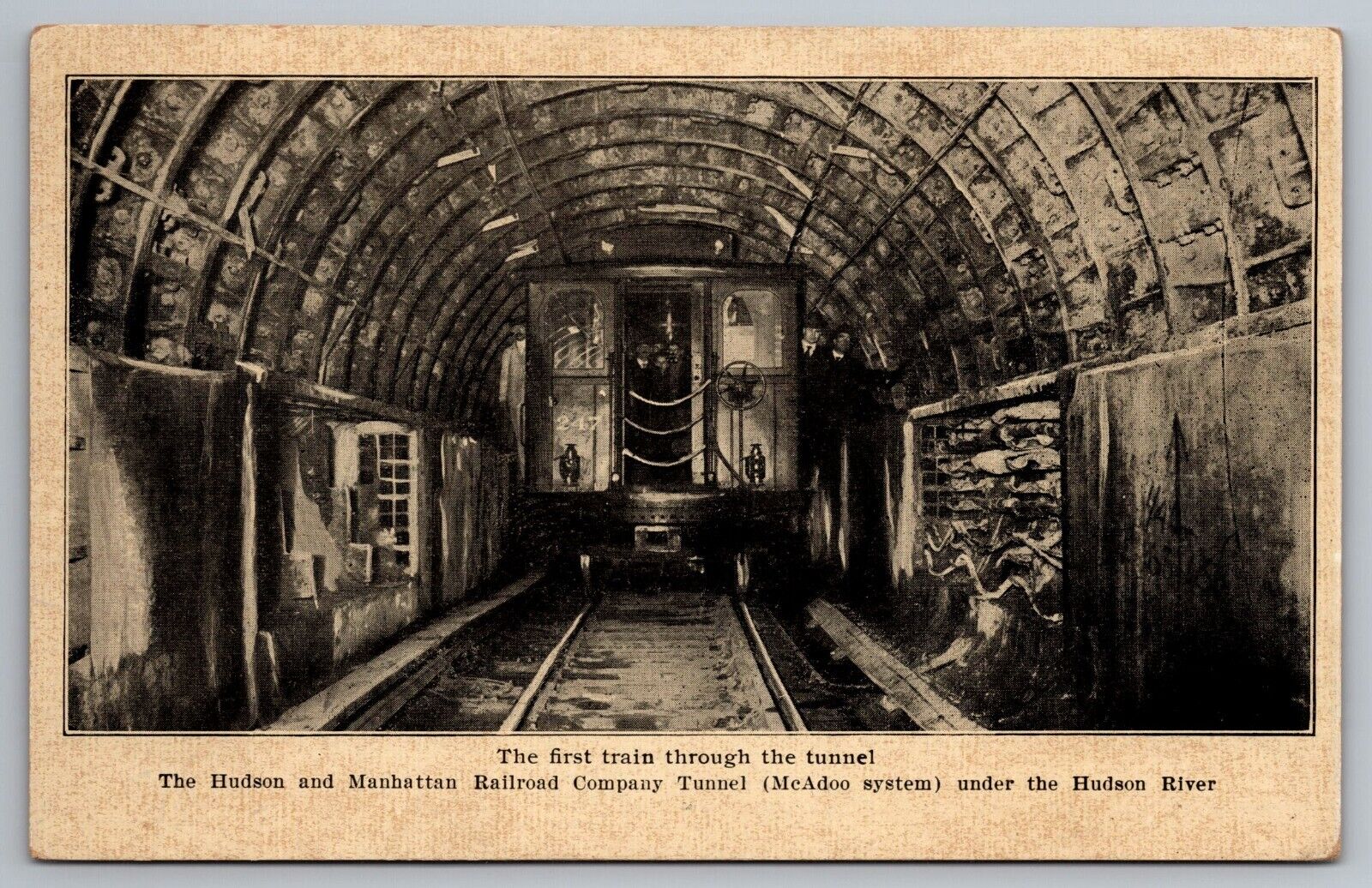 First train (247) through the North River tunnel New York City postcard
