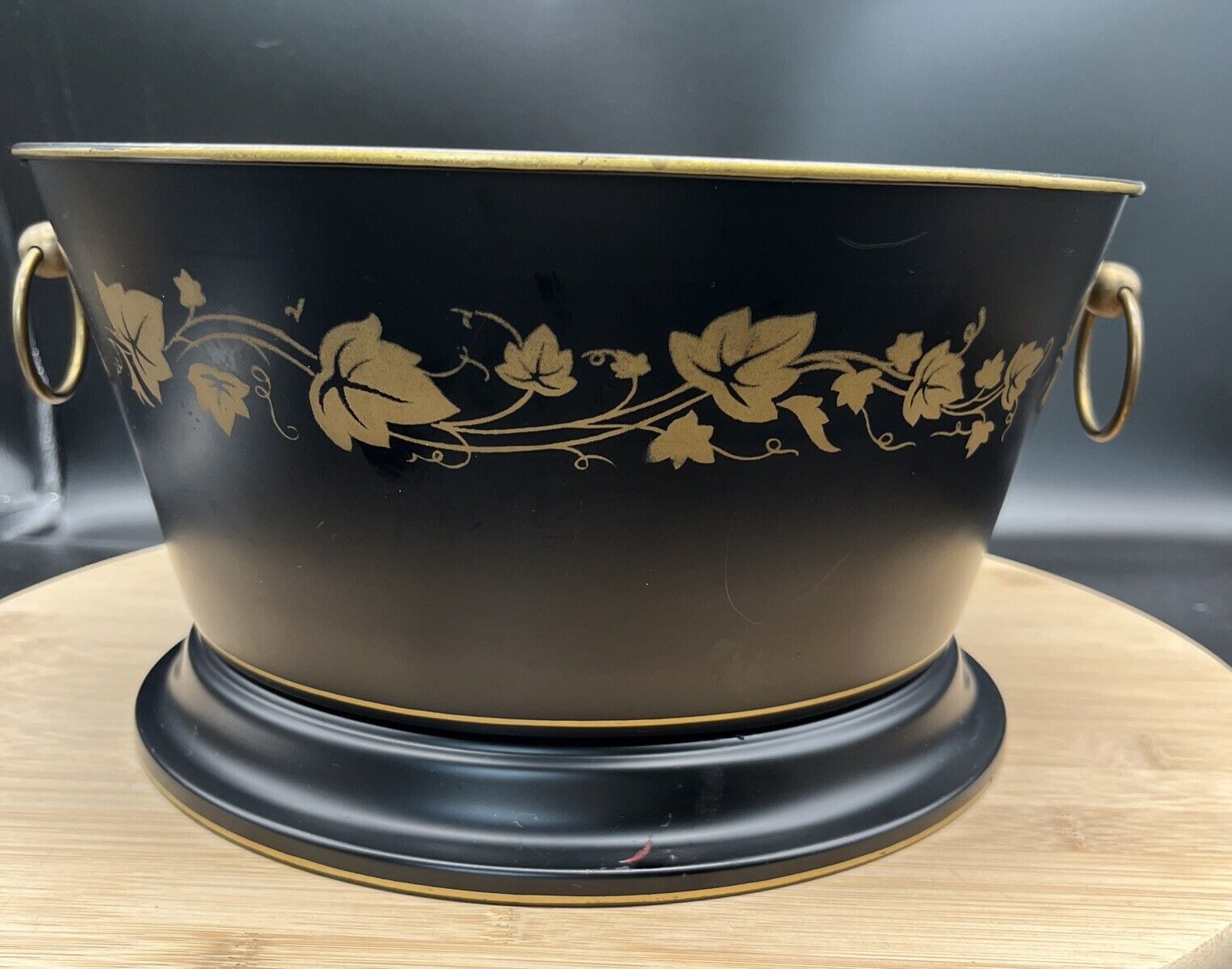 Vintage/Antique Black W/Gold Painted Ivy Toleware Pedestal Bowl With Handles