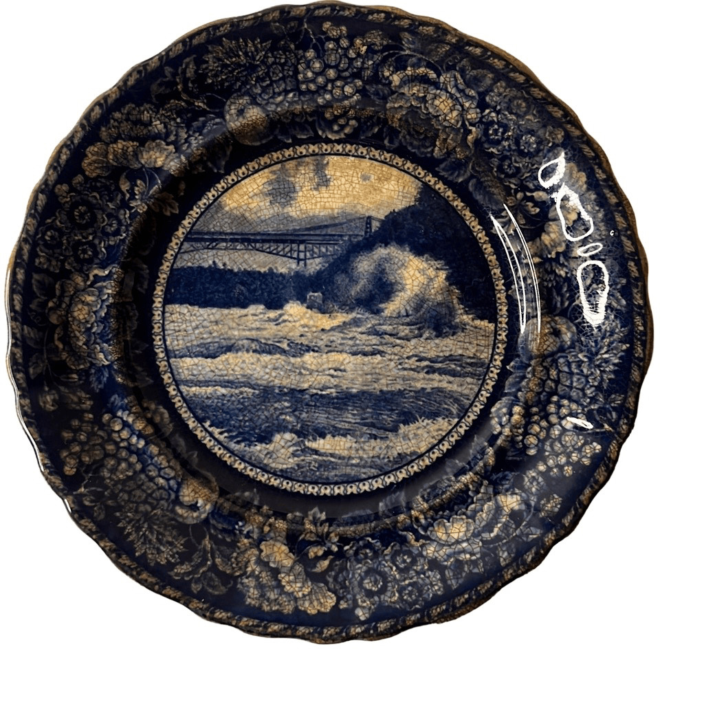 WHIRLPOOL RAPIDS Staffordshire England navy blue tan plate vintage