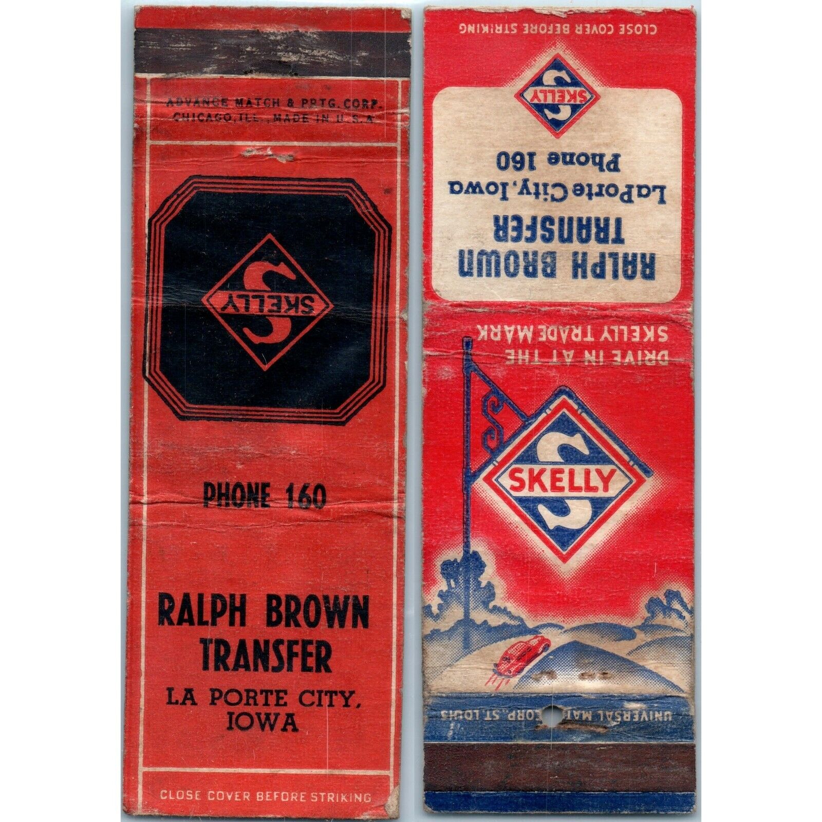 x2 1940s La Porte City, Iowa Skelly Matchbook Cover LOT Ralph Brown Transfer C23