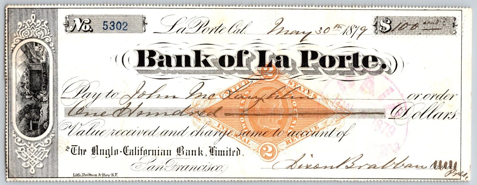 Bank of La Porte Check John Mac Laughlin 1879 Mining Vignette RN-G1 Rev Stamp