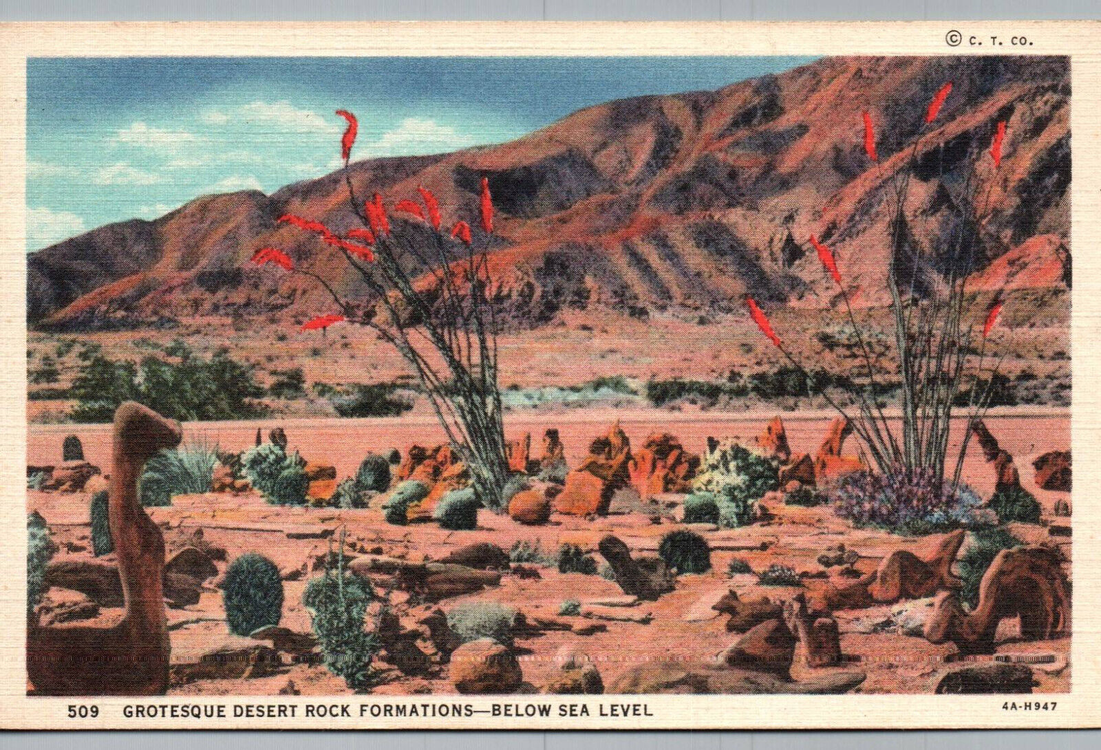 Vintage Linen Postcard View of Grotesque Desert Rock Formations Below Sea Level