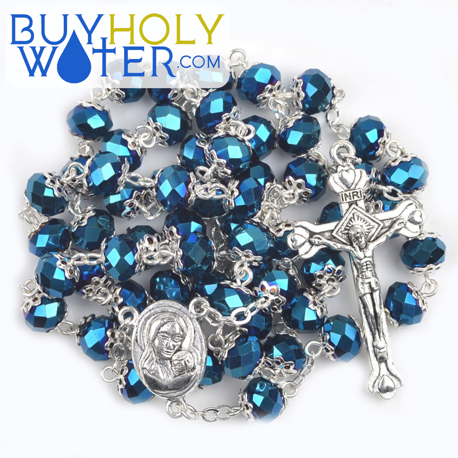 Rare Blessed Blue Crystal & Holy Soil Rosary Prayer Beads Religious Necklace