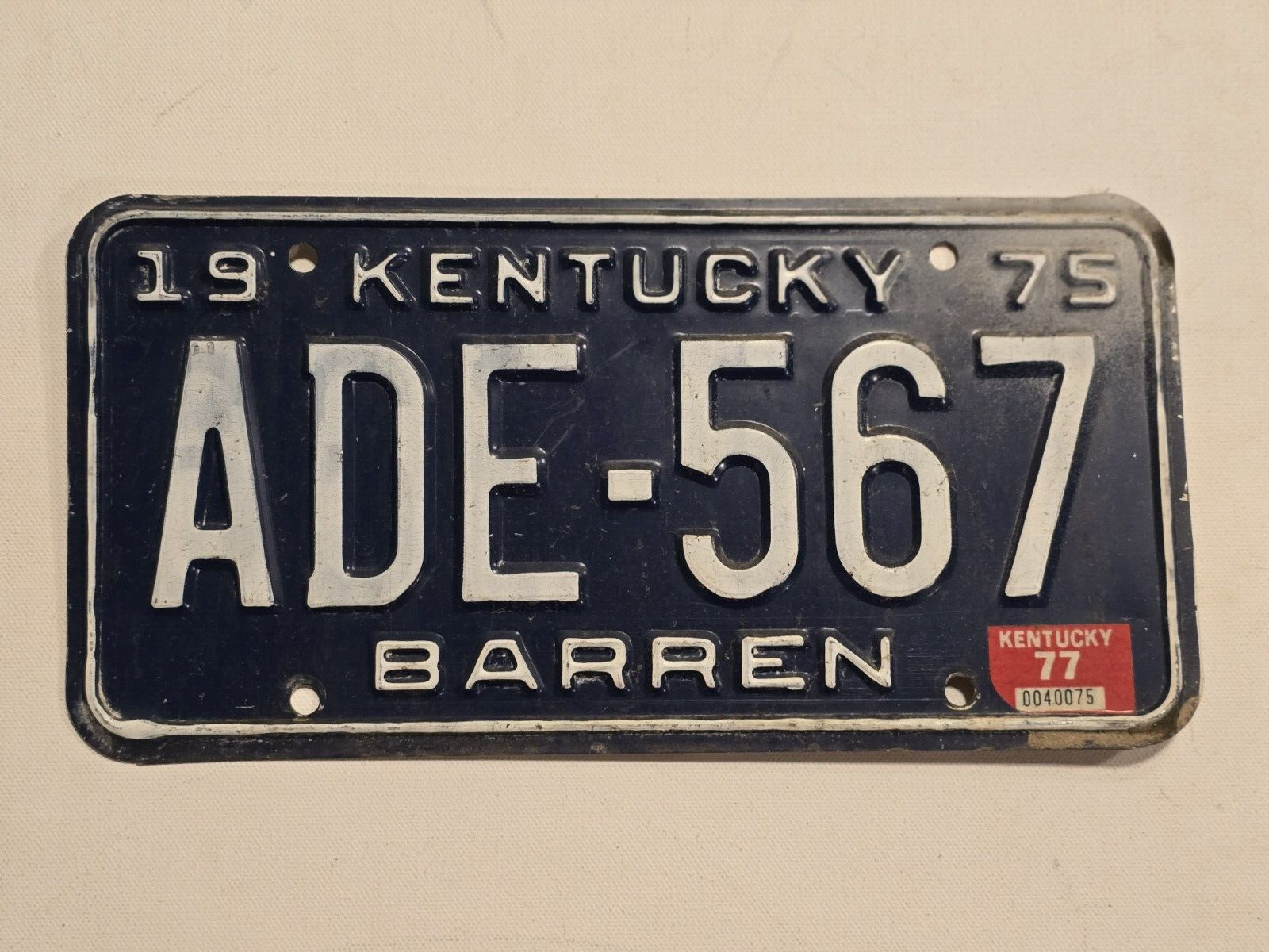 1975 Kentucky License Plate ADE-567 with 1977 Tab Barren KY USA-Man Cave-Decor