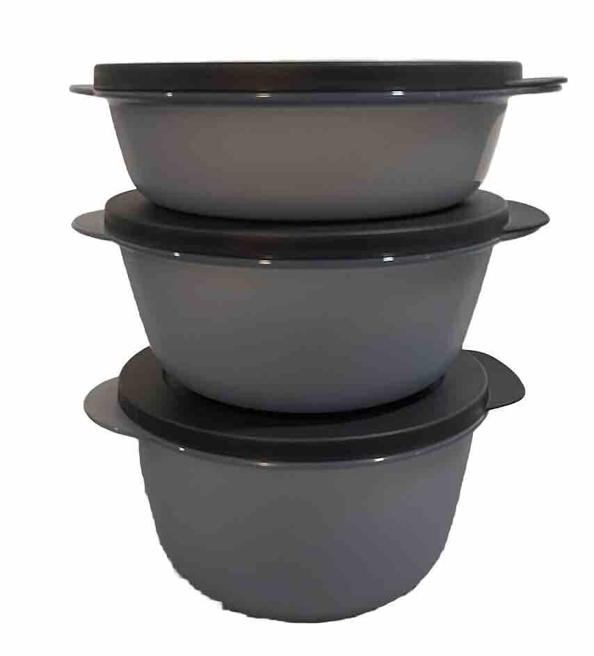 Tupperware Crystalwave Microwave Med & Small Bowl Set X 3 Black Lid White Vent