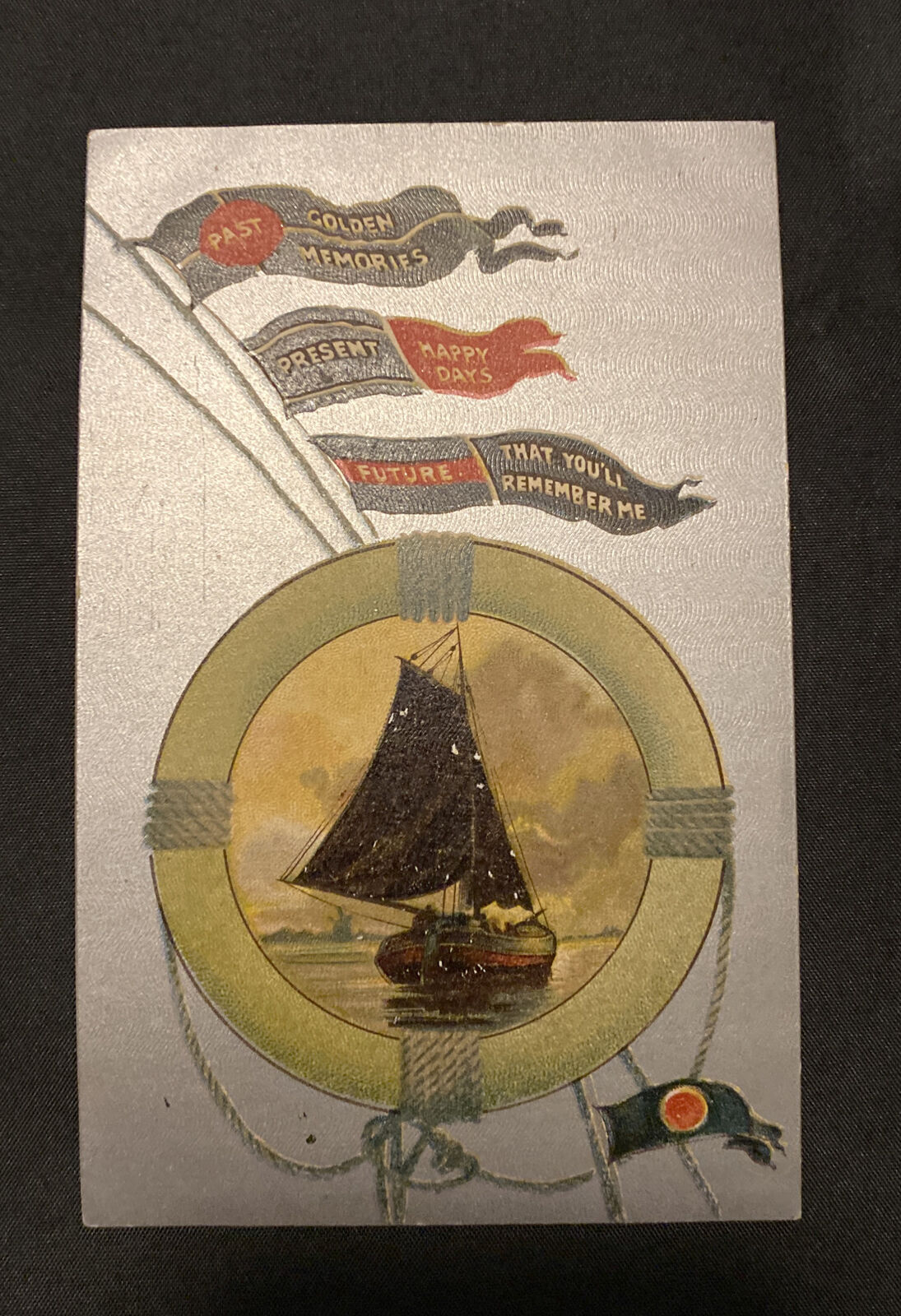 Vintage Postcards Sail Boat Golden Memories Flag Happy Days Used